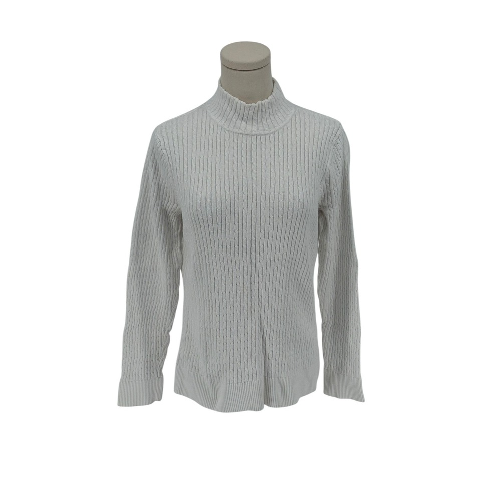 JEANNE PIERRE Womens Cable Knit Turtleneck Sweater White Size L 100% Cotton